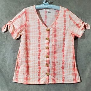 New York Laundry Tie Dye Knot Sleeve Button Front Blouse Coral and White…